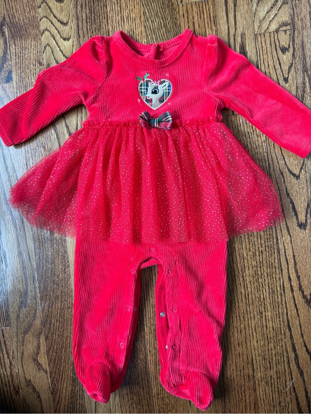 Christmas Rudolph Clarice Red Baby Girl Tulle One-Piece Footed Romper